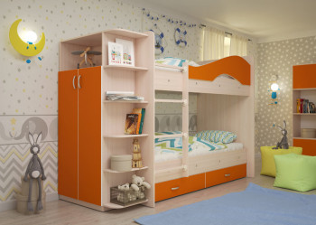 Кровать Мая двухъярусная с ящиками и шкафом Млечный дуб/Оранжевый в Козульке - kozulka.mebel54.com | фото