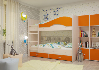 Кровать Мая двухъярусная с ящикамиМлечный дуб/Оранжевый в Козульке - kozulka.mebel54.com | фото