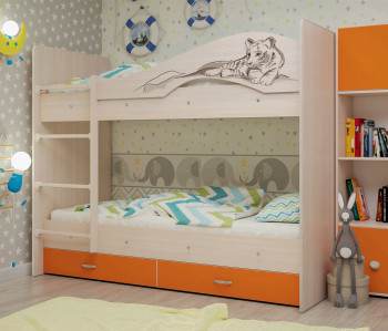 Кровать Мая-Сафари двухъярусная с ящикамиМлечный дуб/Оранжевый в Козульке - kozulka.mebel54.com | фото