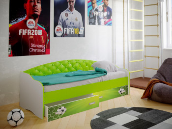 Кровать Софа-8 с мягкой спинкой фотопечать Футбол (900х1900) Белый/Лайм в Козульке - kozulka.mebel54.com | фото