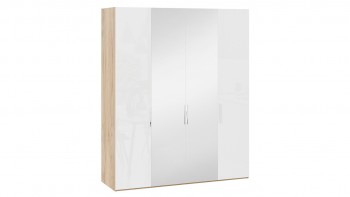 Шкаф комбинированный с 2 глухими и 2 зеркальными дверями «Эмбер» Яблоня Беллуно/Белый глянец в Козульке - kozulka.mebel54.com | фото